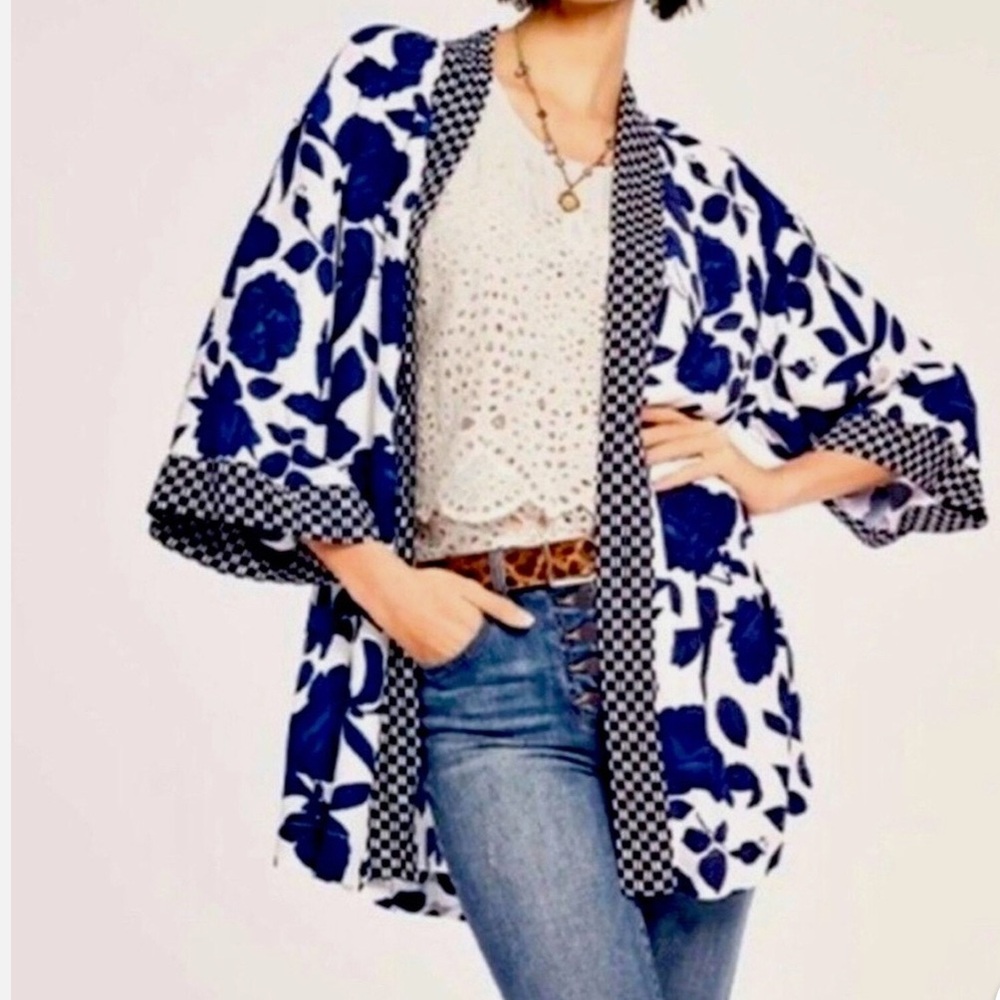CAbi Blue and Black Floral Kimono